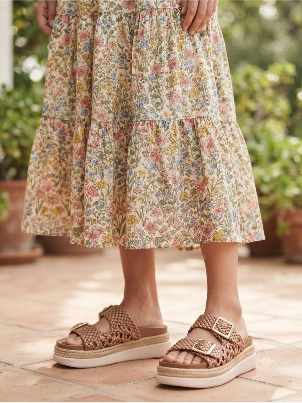 Woven Double-Buckle Slide Platform Sandals - Tan
